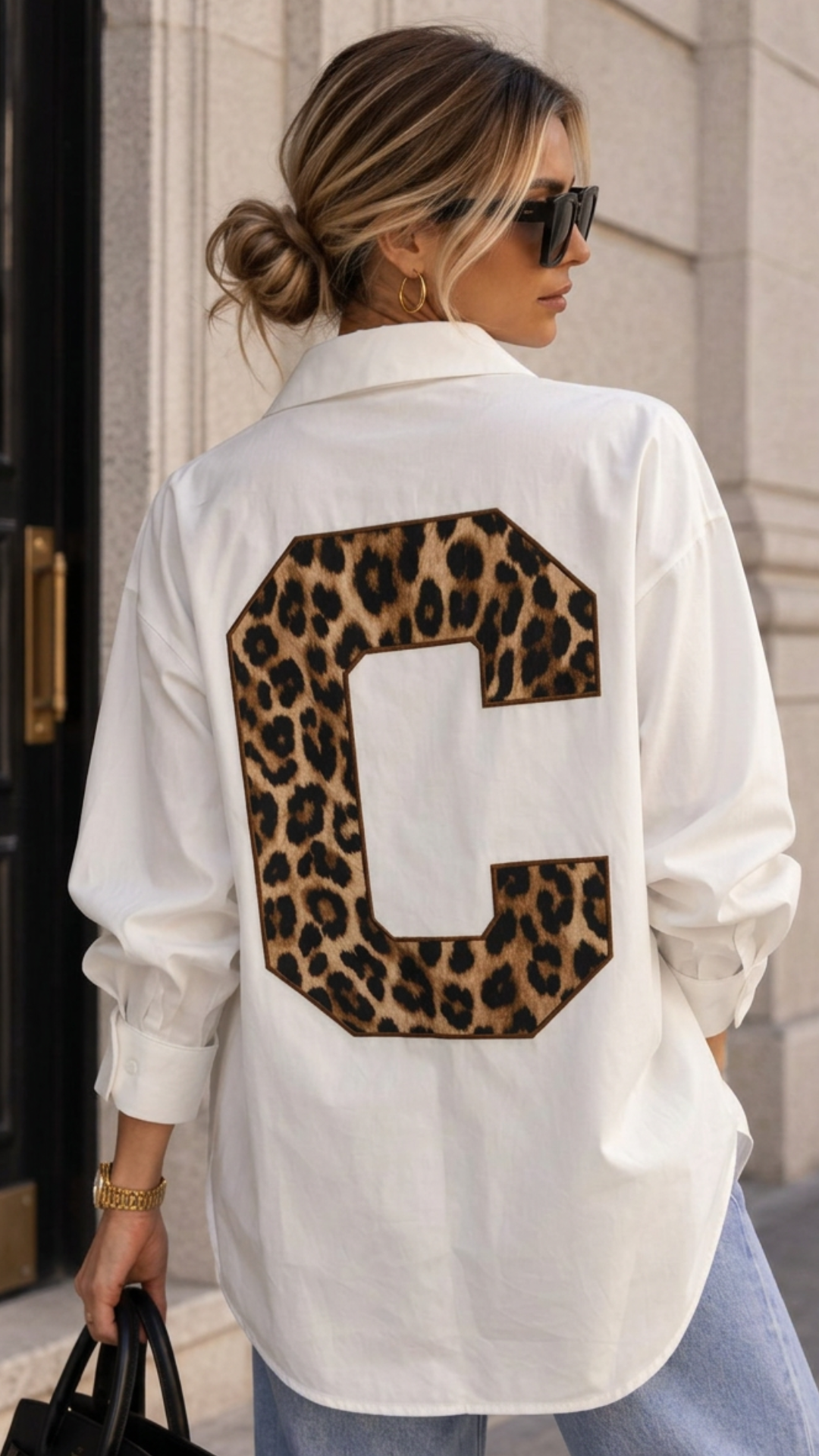 Chemise Oversize Chic à Maxi Lettre Léopard au Dos ALICE