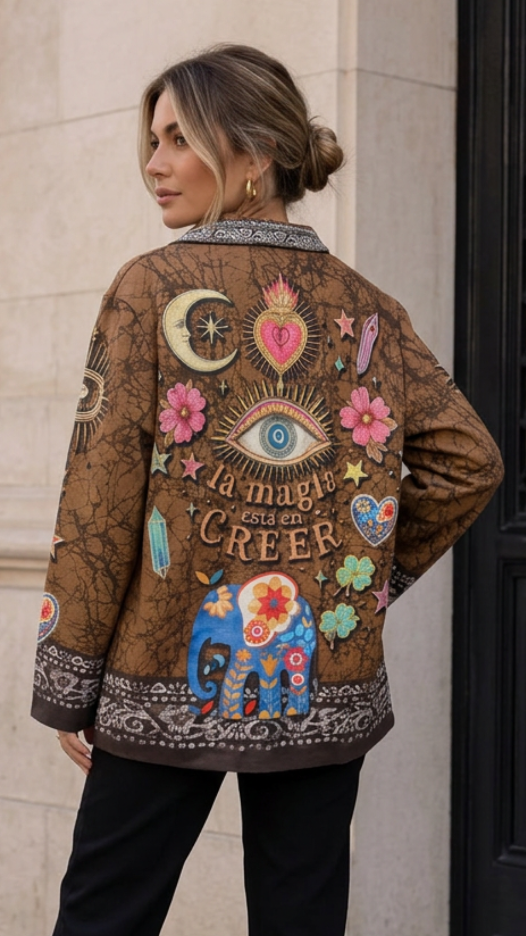Veste blazer Suédine Camel Motif EYES