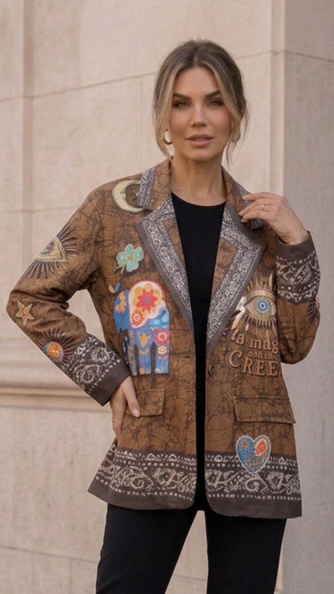 Veste blazer Suédine Camel Motif EYES