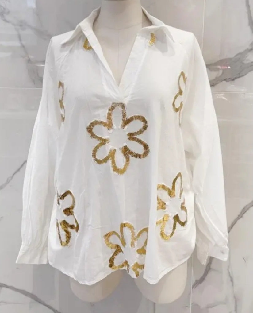 Blouse blanche à motifs fleurs dorées ALLY