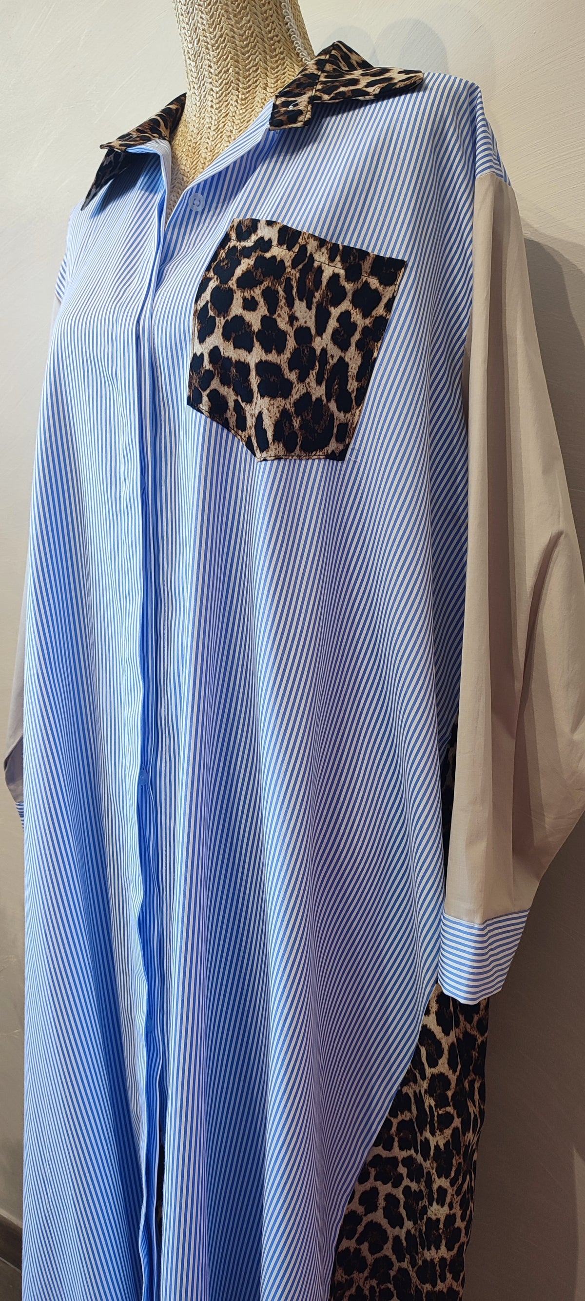 Robe Chemise Rayée Bleu et Blanc et imprimé Léopard JULIETTA