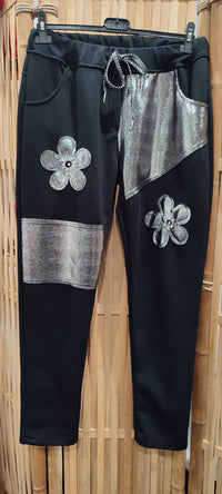 Pantalon noir et lamé argenté à motif fleurs et strass MALO