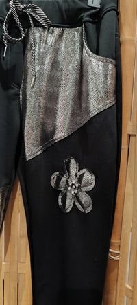 Pantalon noir et lamé argenté à motif fleurs et strass MALO