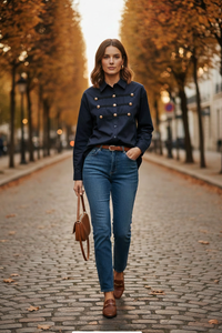 Chemise marine portée par-dessus un jean droit, sans sac