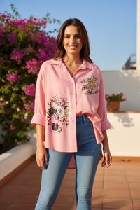 Chemise rose Minnie - coupe asymétrique + jean