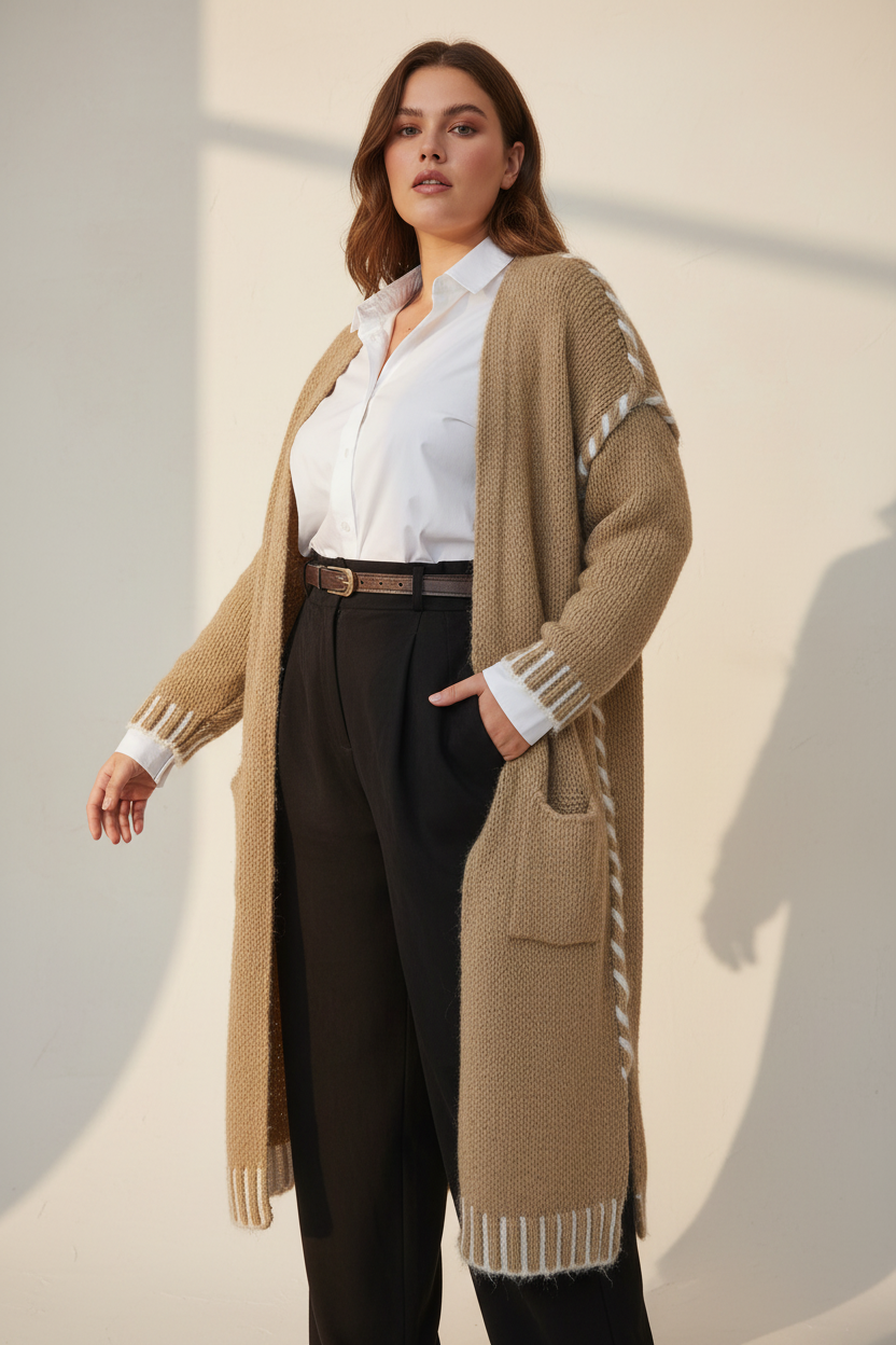 Gilet long camel avec chemise blanche et pantalon Alban