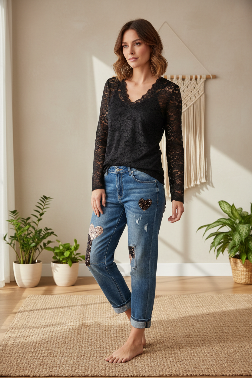 Look complet - top dentelle et jean à patchs