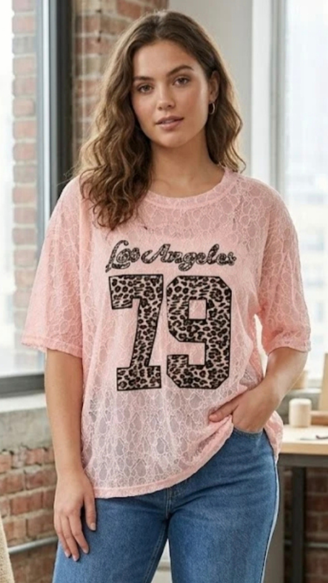 Top Dentelle Rose Inscription Léopard "Los Angeles 79"