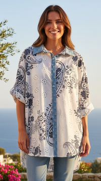 Chemise Blanche en Broderie Anglaise à Fleurs Marine VITA