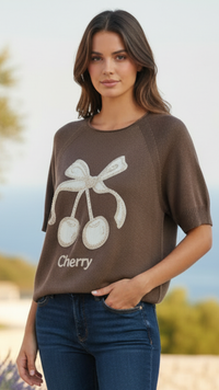 Top Chocolat Motif Cerise et Strass "CHERRY"