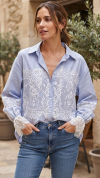 Chemise Rayée Bleu & Blanc à Manches Dentelle JOANA