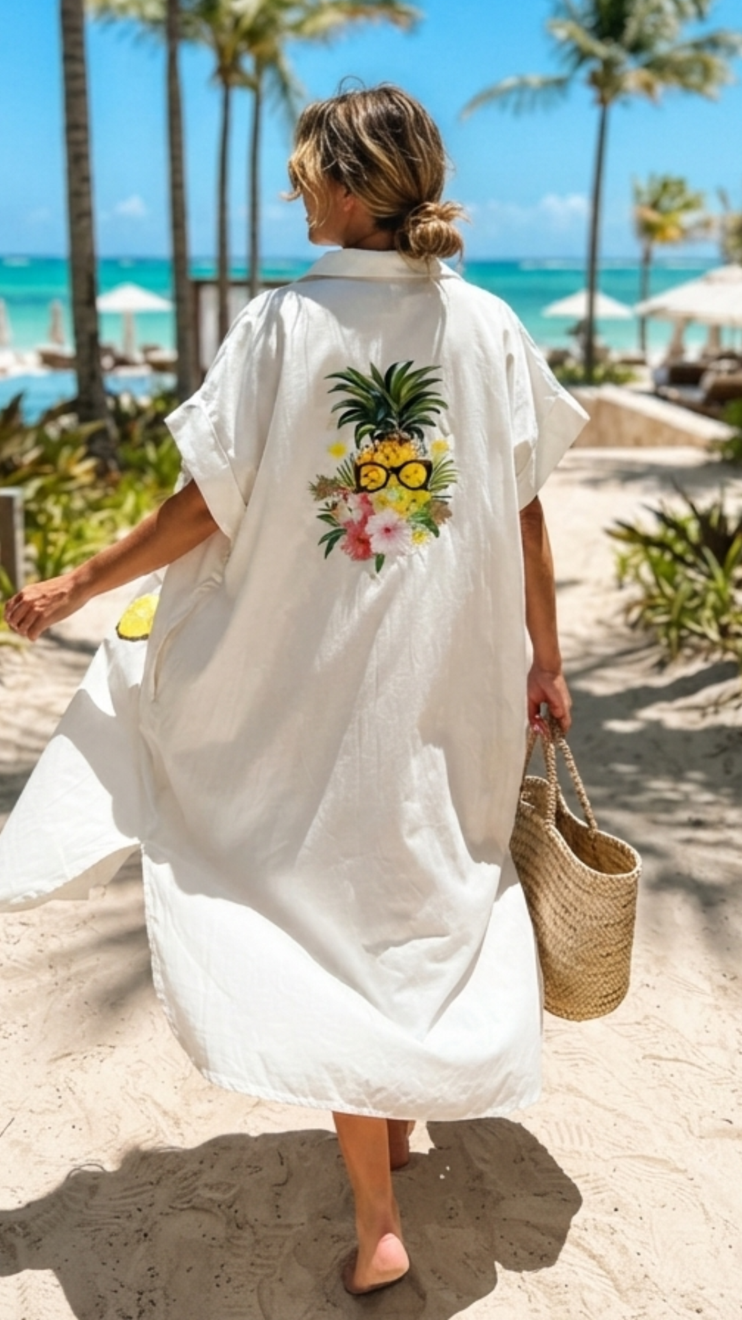 Robe Chemise Oversize Blanche à Motif "ANANAS"