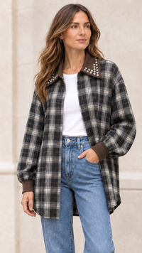 Chemise à Carreaux Bi-Matière Marron et Strass MODA
