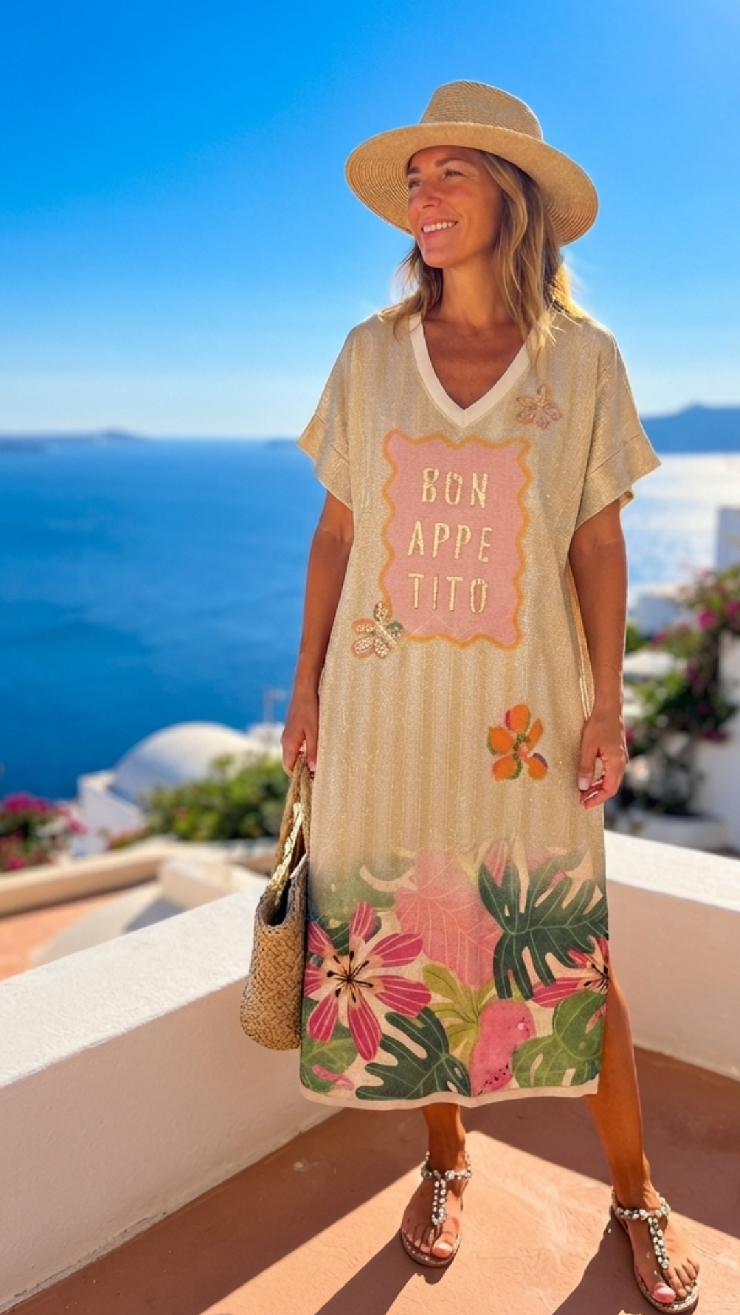 Robe Longue Lurex à Motif Floral "BON APPETITO"