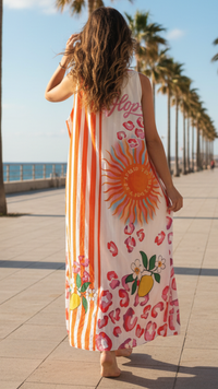 Robe Longue Rayée Orange à Motif Oeil BOHA