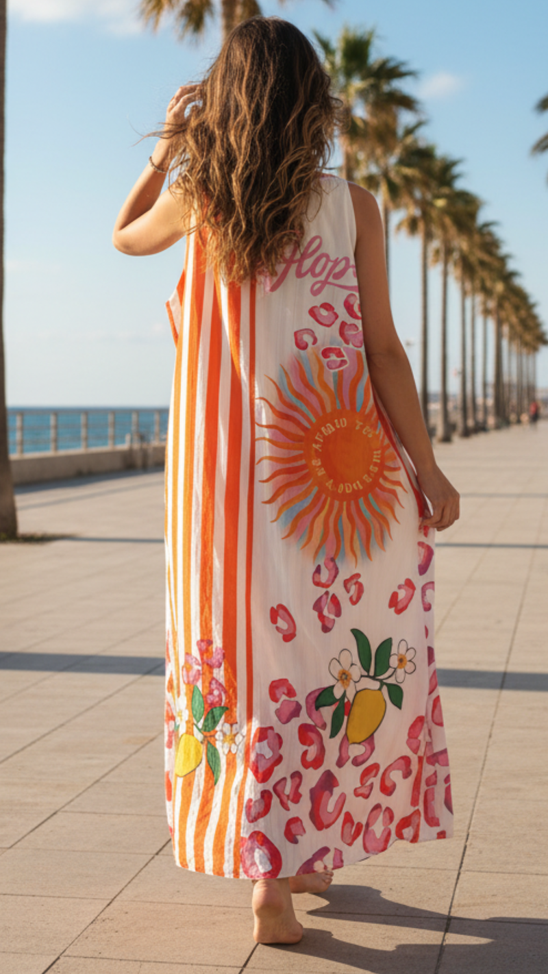 Robe Longue Rayée Orange à Motif Oeil BOHA