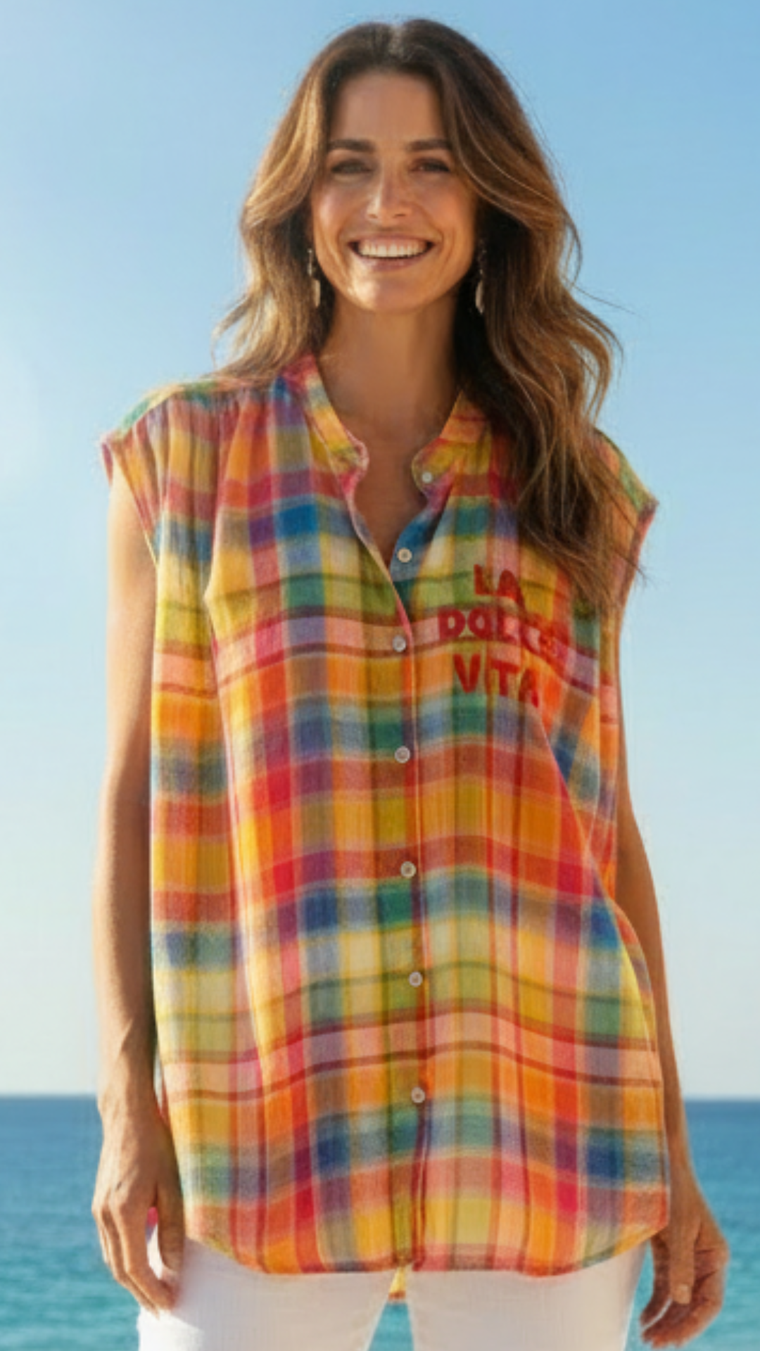 Chemise à Carreaux Multicolores Inscription "LA DOLCE VITA"
