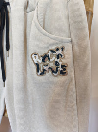 Pantalon Velours Ecru à Inscription Léopard "ROCK & LOVE"