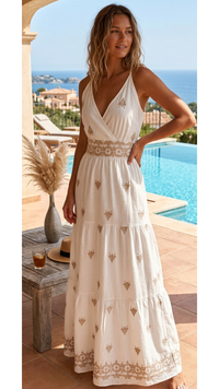 Robe Longue à Bretelles Crème aux Motifs Ethniques YANNA