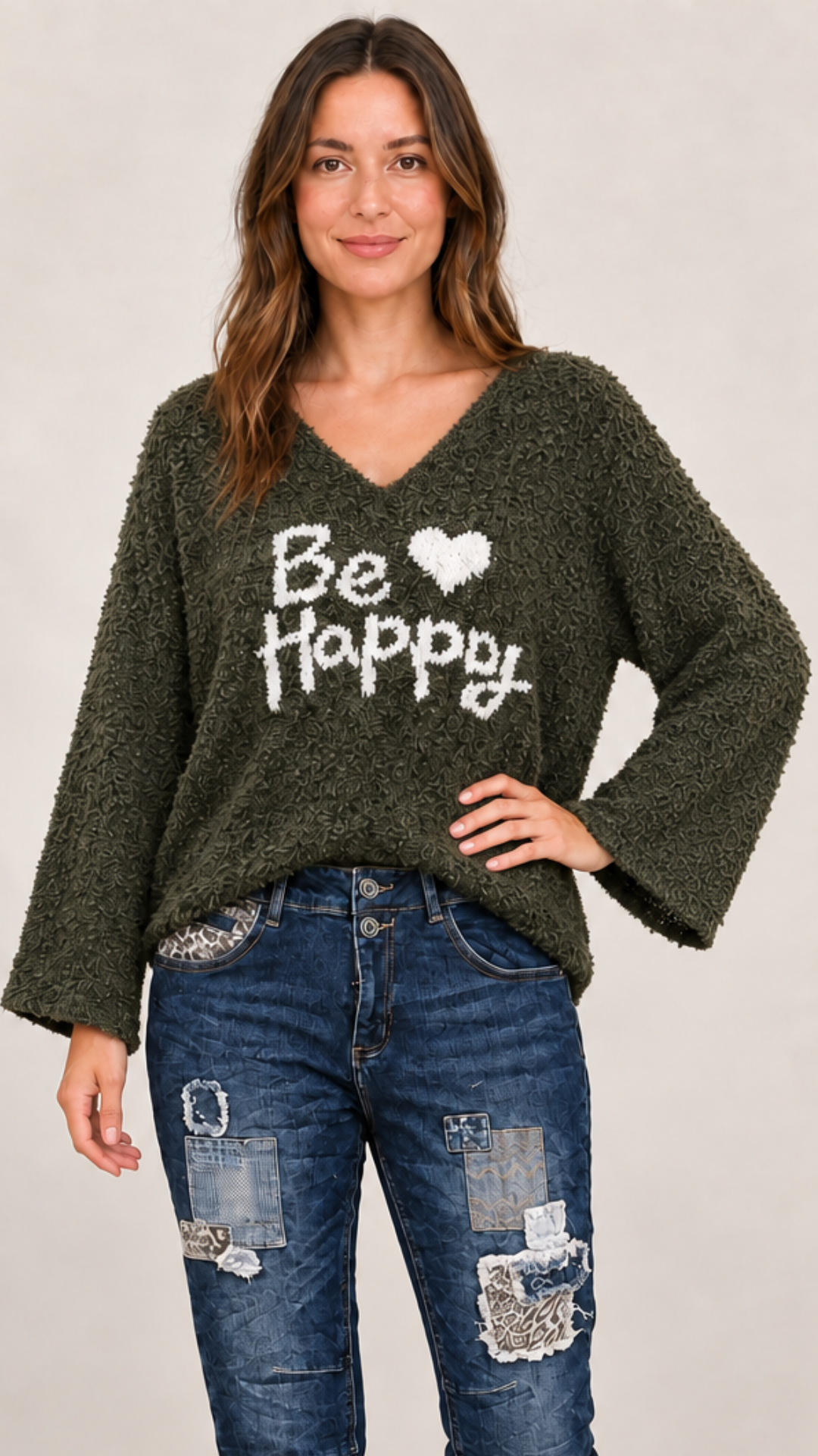 Pull Bouclette Kaki à Inscription "BE HAPPY"