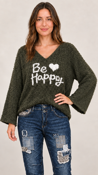 Pull Bouclette Kaki à Inscription "BE HAPPY"