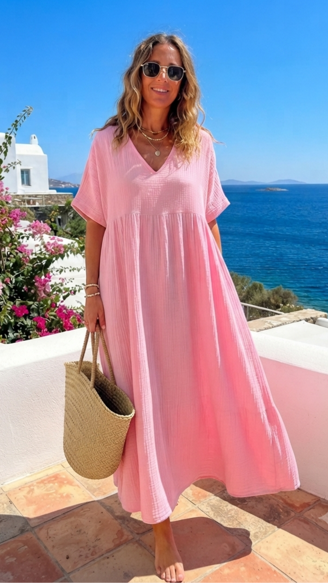 Robe Oversize Gaze de Coton Rose NINA