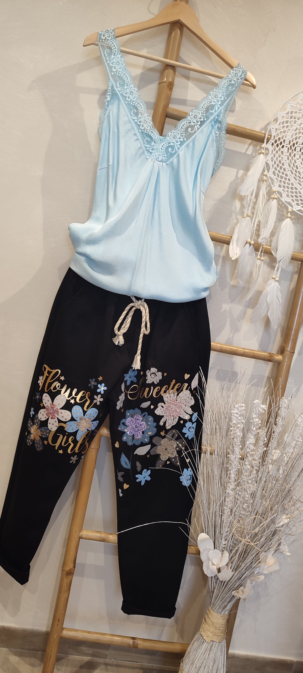 Pantalon Noir à Motif Floral VALL