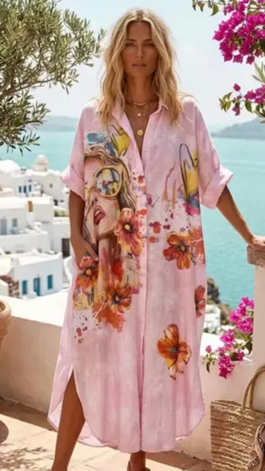 Robe Chemise Rose Imprimé Visage ANNA