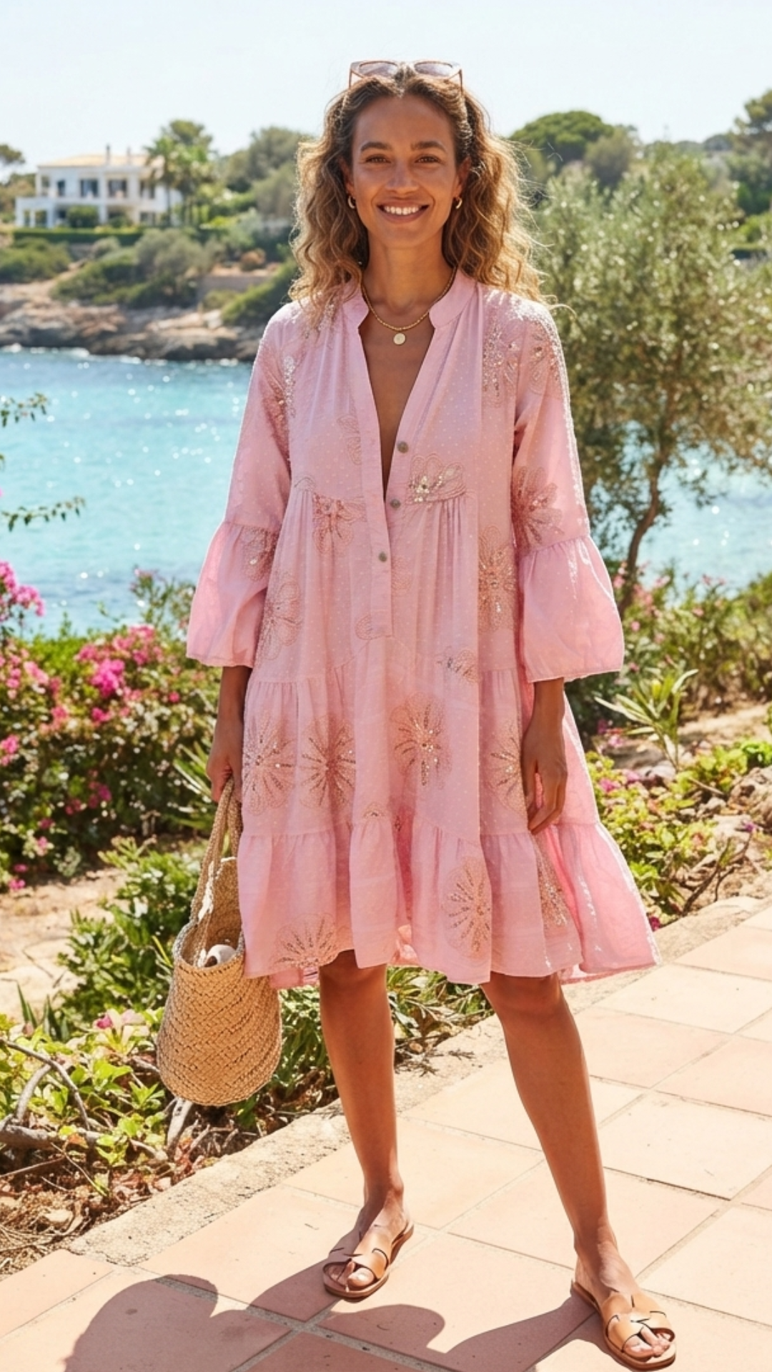 Robe Rose Fluide à Fleurs Brodées et Sequins HEDA