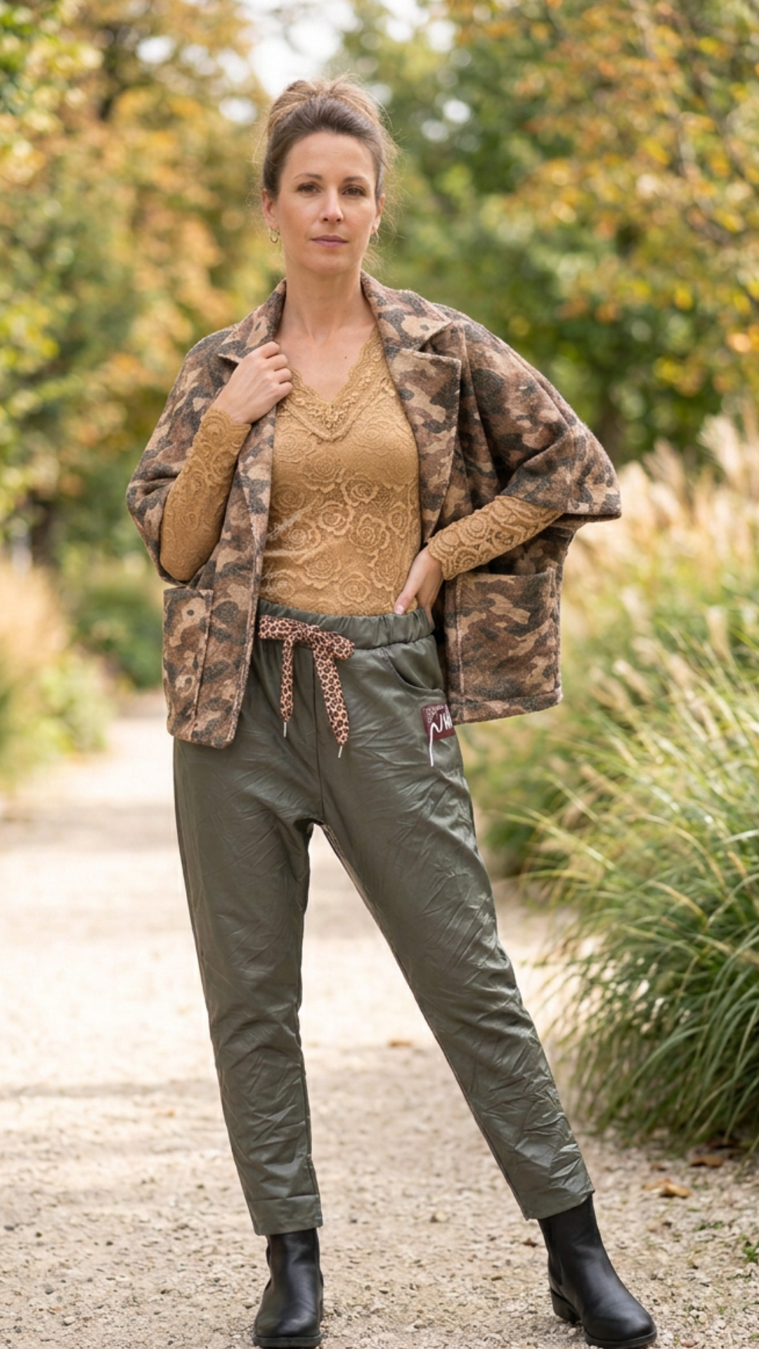 Pantalon Simili Cuir Kaki à Cordon Léopard SANDRO