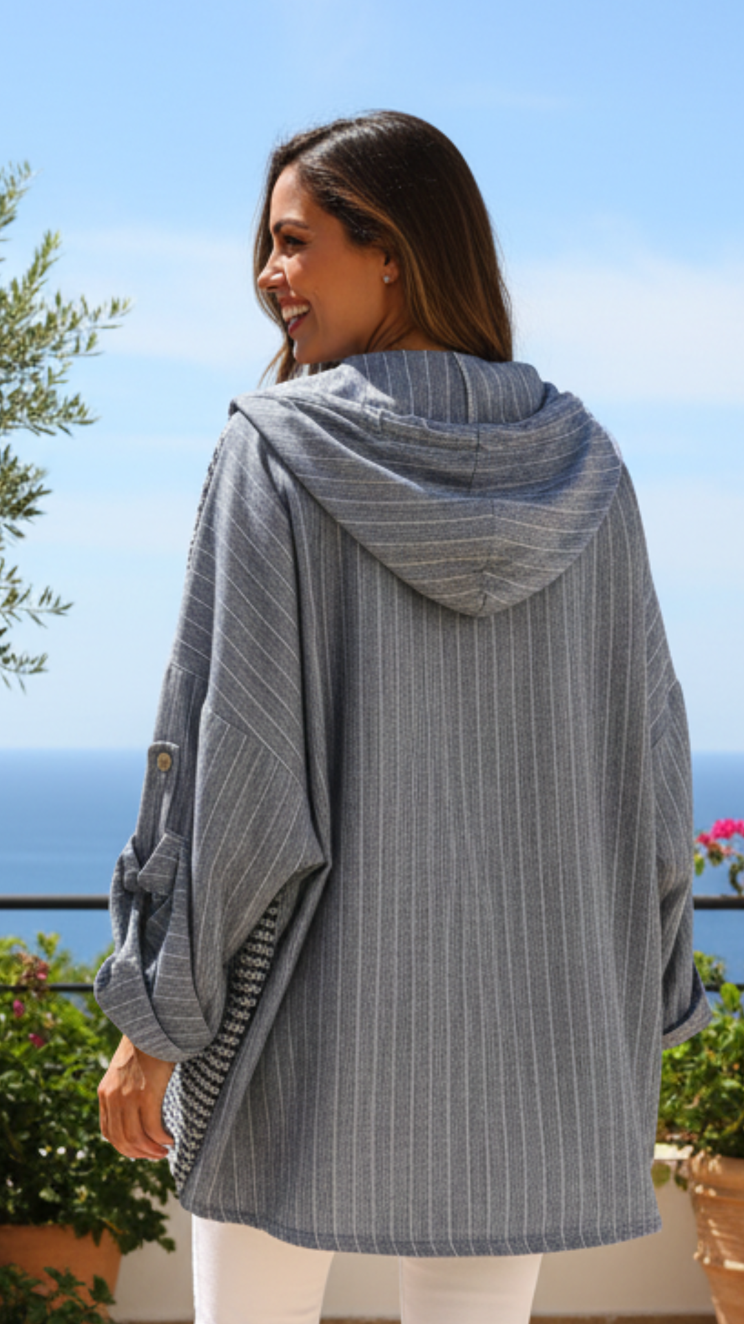 Veste à Capuche Gaufré & Crochet Ajouré Bleu Jean Broderie Dorée HOPE