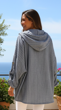 Veste à Capuche Gaufré & Crochet Ajouré Bleu Jean Broderie Dorée HOPE
