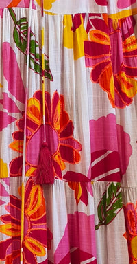 Robe Longue Blanche et Fleurs Brodées Rose Fuchsia MERYL