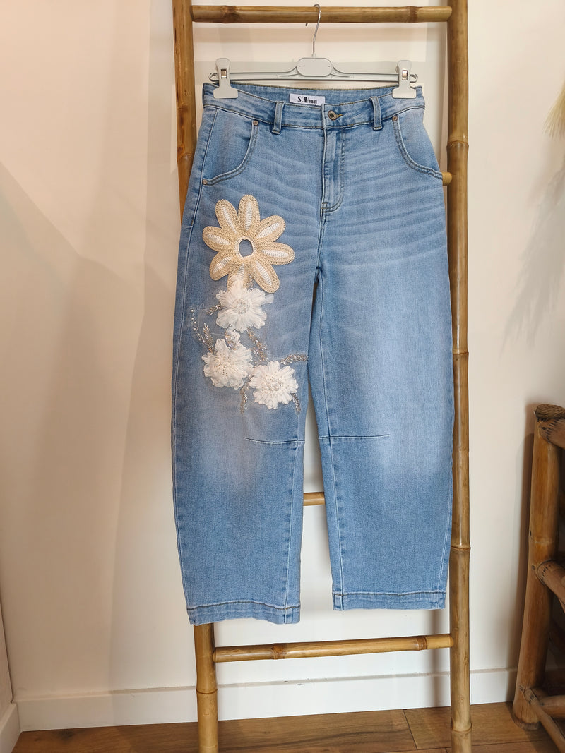 Jean Bleu Clair Fleurs Brodées Bohème ANATOLE