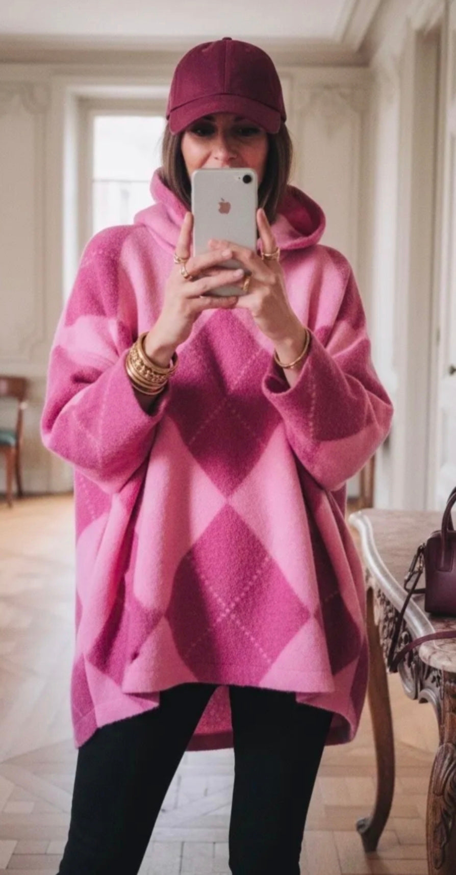 Sweat Motif Losange Rose et Fucshia à Capuche VAL