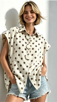 Chemise en Jean Oversize Ecru à Pois chocolat à Gros Boutons ZAZIE