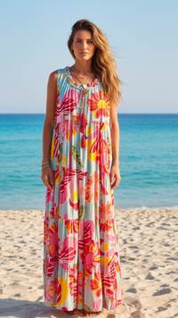 Robe Longue Bleu ciel et Fleurs Brodées Rose Fuchsia MERYL