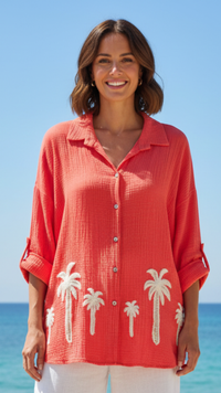 Chemise Gaze de Coton Corail Palmier Brodés THEA
