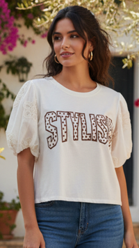 Tee-Shirt Blanc Cassé à Manches Bouffantes Brodées "STYLISH"