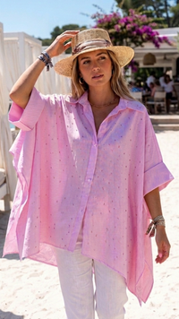Chemise Poncho Rayée Rose et Blanc à Strass SIENA