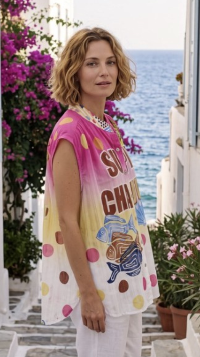 Chemise Sans Manches Motif Poissons "SUPER CHAUD"