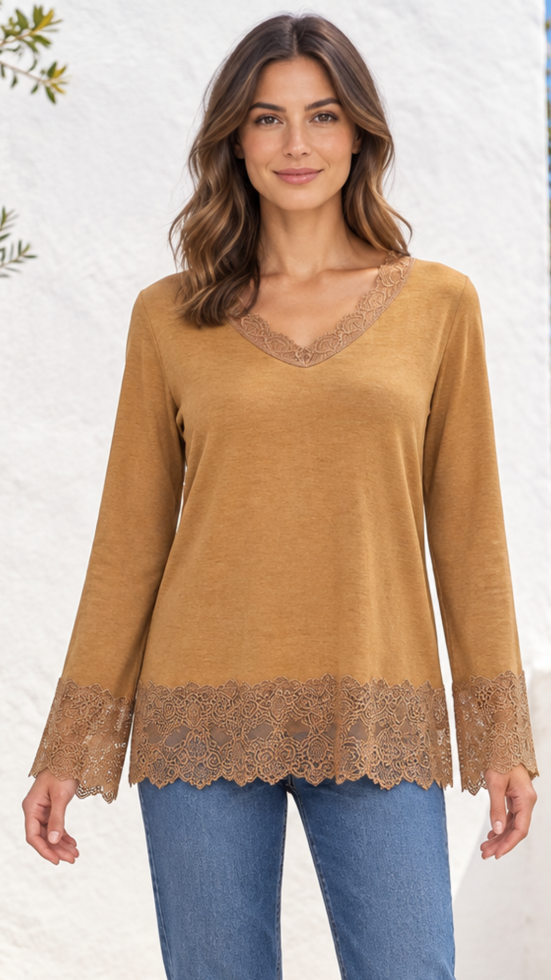 Top Dentelle Col V Camel Clair ELY