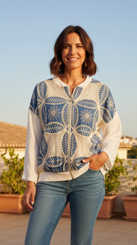 Blouson Blanc Et Bleu Jean Brodé FAB