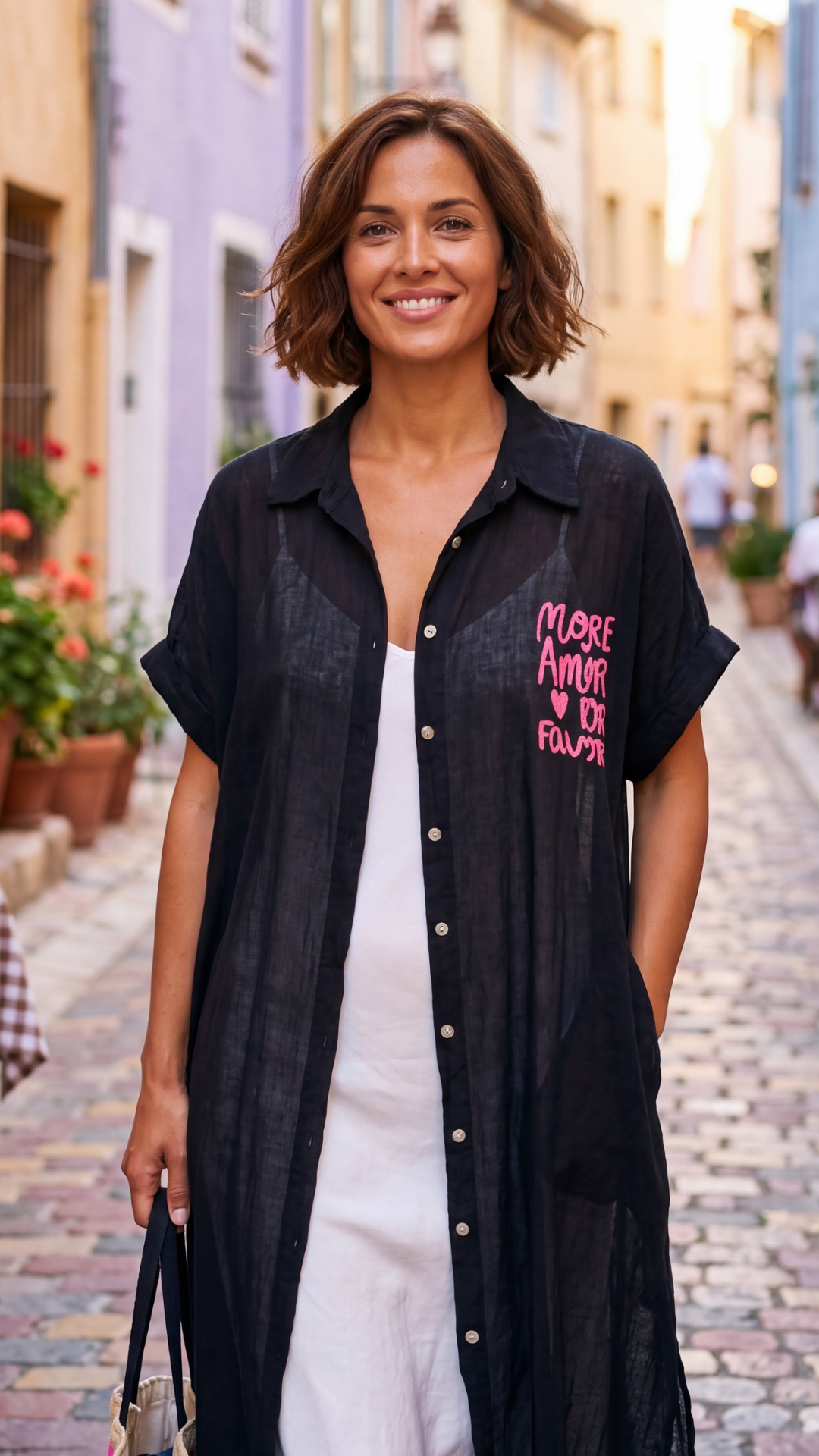 Robe Chemise Noire à Inscription Rose Fluo "AMORE"