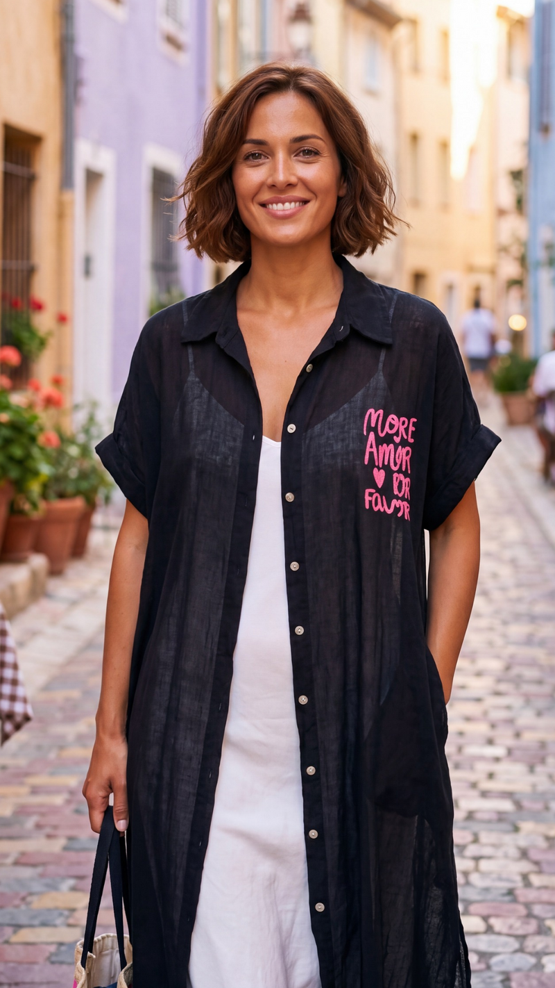 Robe Chemise Noire à Inscription Rose Fluo "AMORE"