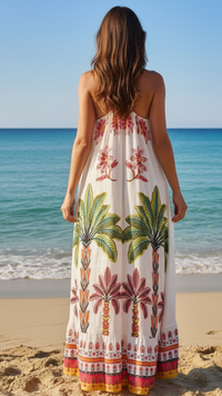 Robe Longue blanche à Bretelles Imprimé Perroquets JENNY