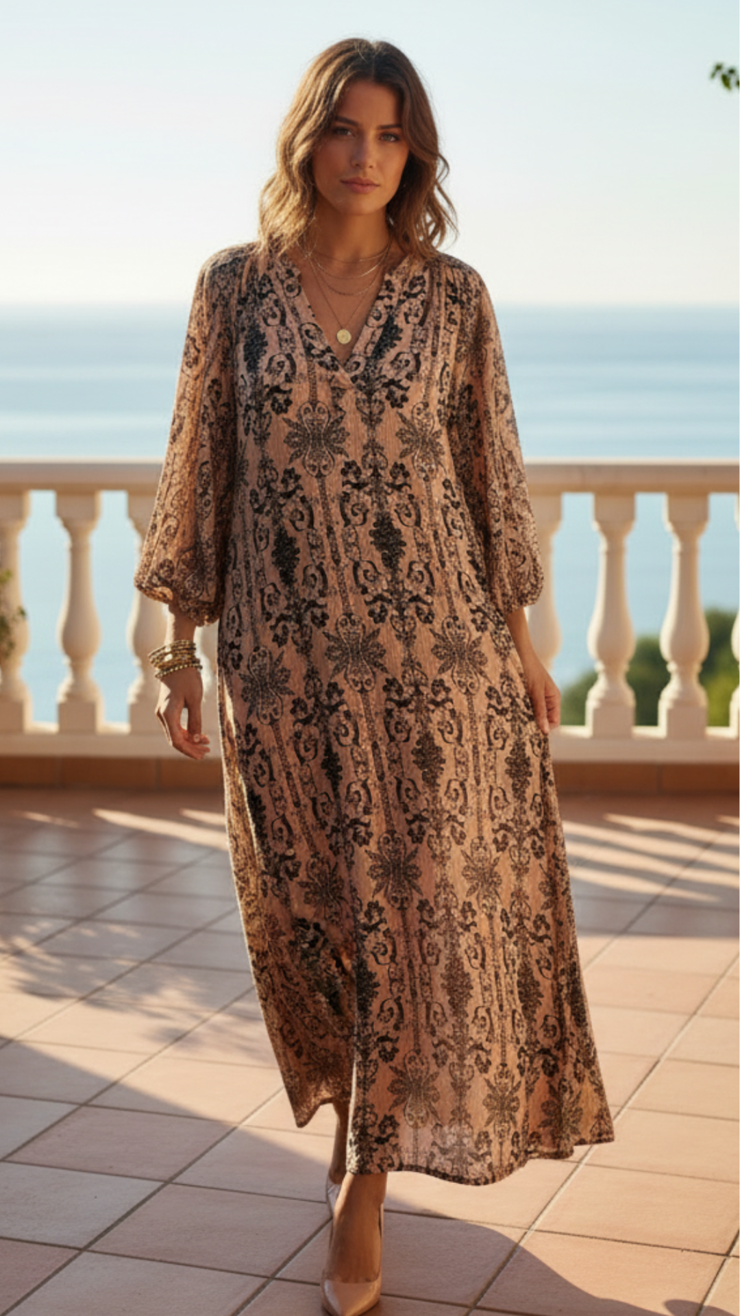 Robe Longue Beige Irisée à Motif Bohème VIVIA