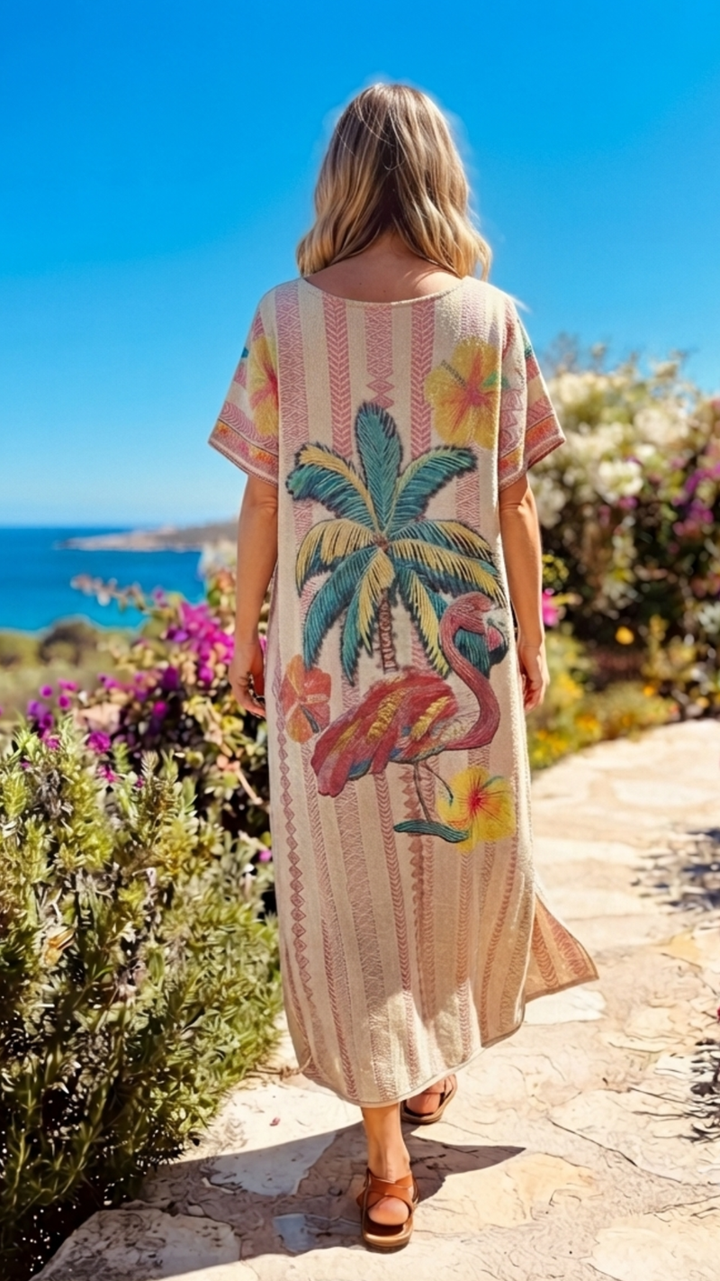 Robe Longue Lurex à Imprimé "FLAMANT ROSE"