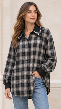 Chemise à Carreaux Bi-Matière Noir et Strass MODA