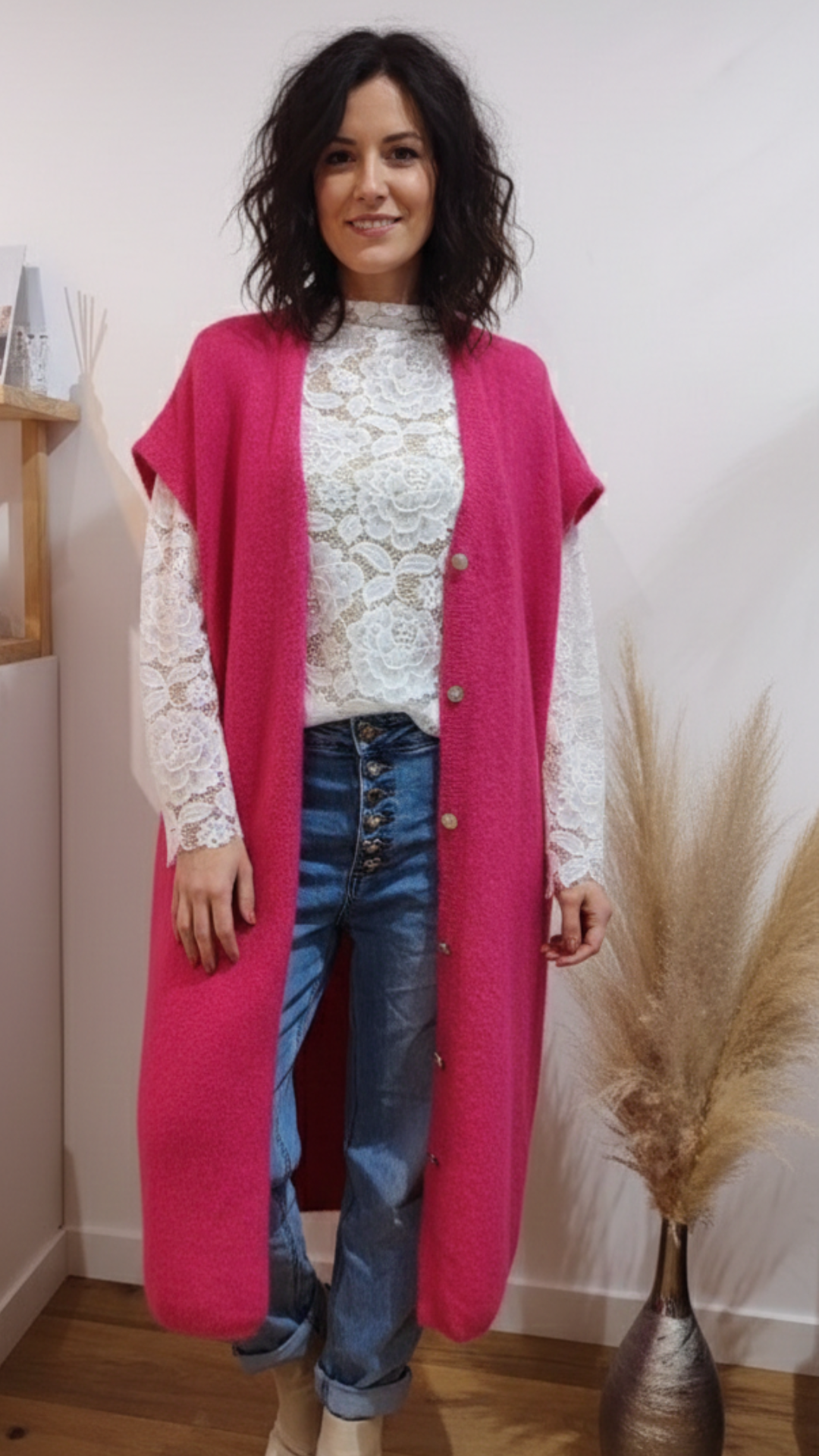 Gilet Long Sans Manche Fuchsia ANAÏS